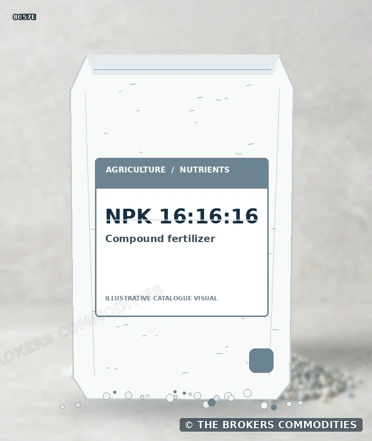 Fertilizante complexo · NPK 16:16:16 — Ilustração da formulação para identificação visual; não representa embalagem, estoque ou lote disponível.