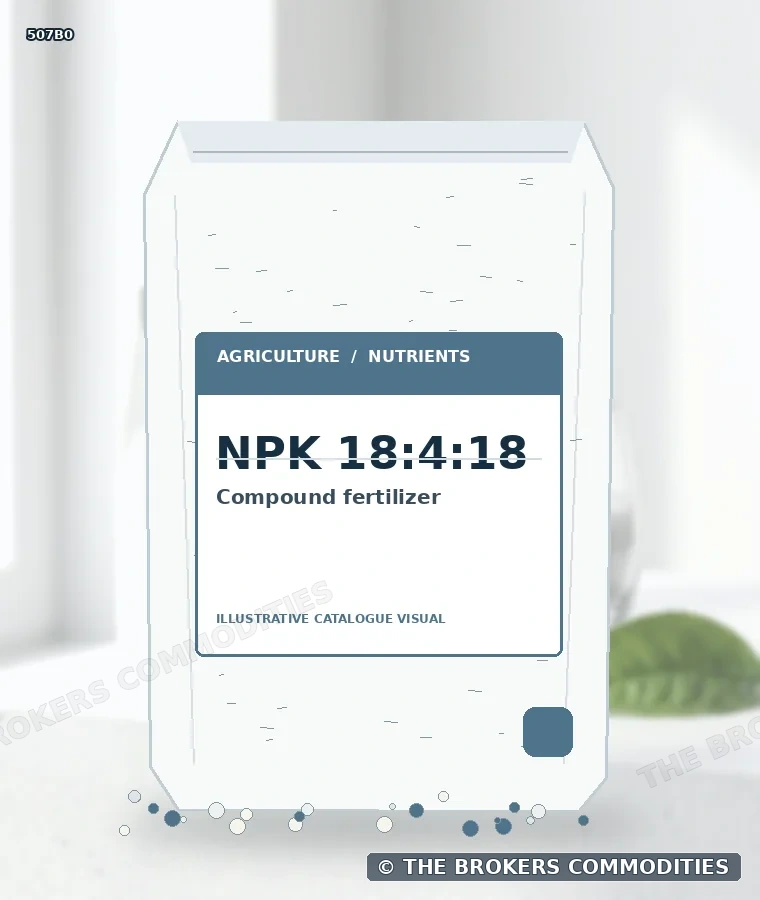 Fertilizante compuesto · NPK 18:4:18 — Ilustración de la formulación para identificación visual; no representa envase, existencias ni un lote disponible.