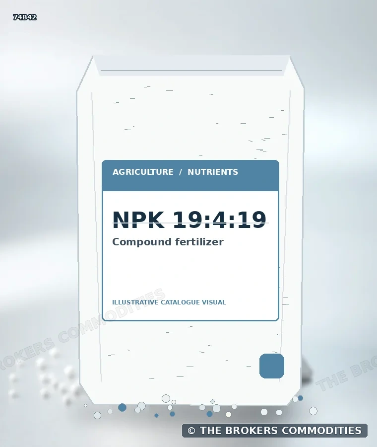 Fertilizante complexo · NPK 19:4:19 — Ilustração da formulação para identificação visual; não representa embalagem, estoque ou lote disponível.