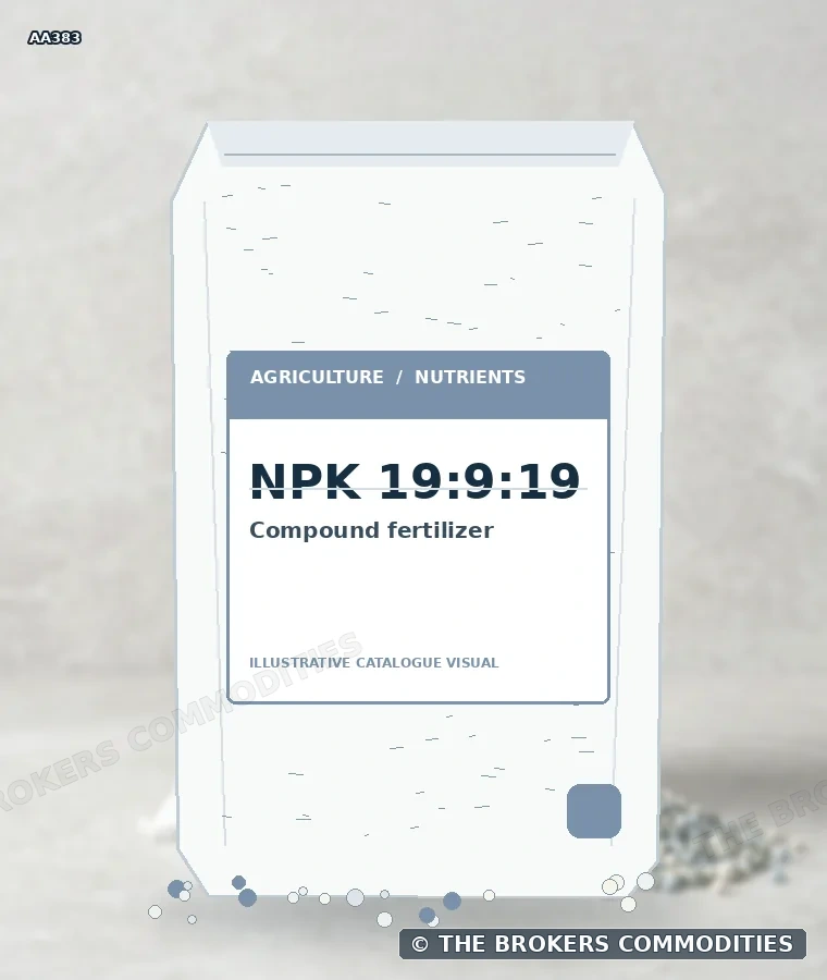 Fertilizante compuesto · NPK 19:9:19 — Ilustración de la formulación para identificación visual; no representa envase, existencias ni un lote disponible.