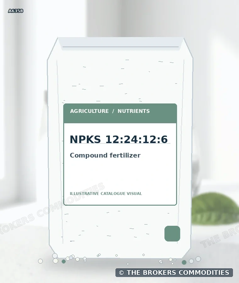 Fertilizante compuesto · NPKS 12:24:12:6 — Ilustración de la formulación para identificación visual; no representa envase, existencias ni un lote disponible.