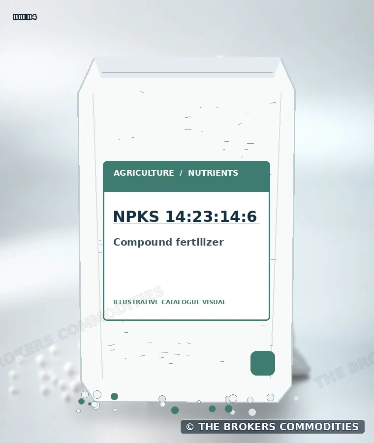 Fertilizante compuesto · NPKS 14:23:14:6 — Ilustración de la formulación para identificación visual; no representa envase, existencias ni un lote disponible.