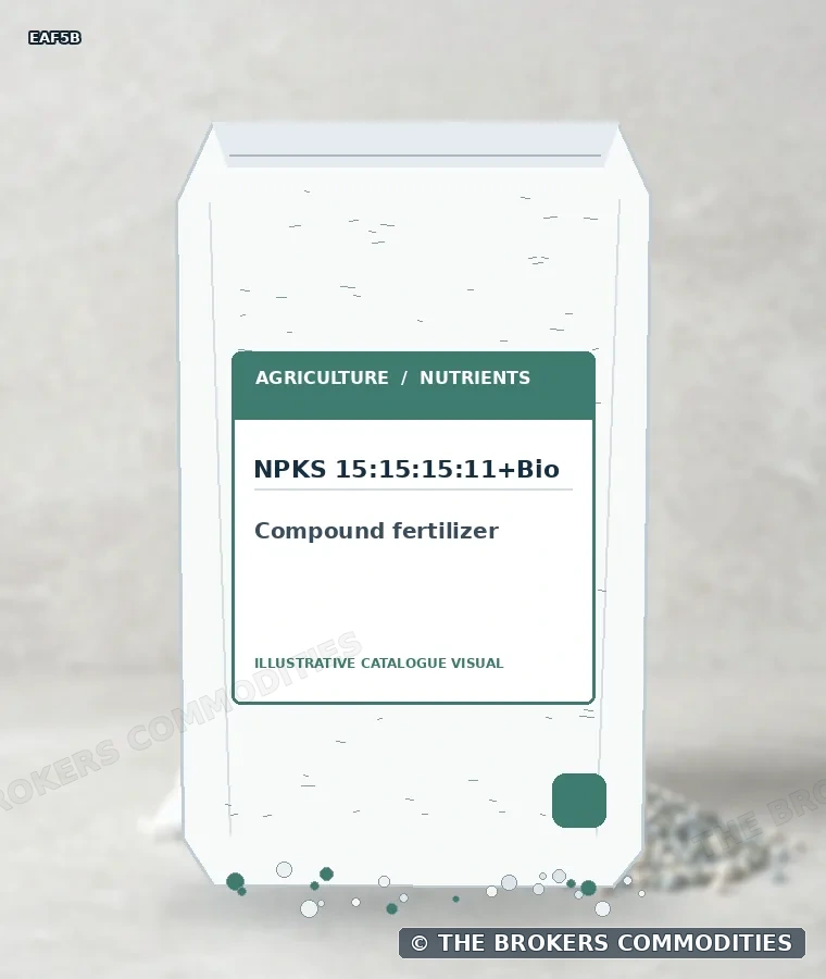 Fertilizante compuesto · NPKS 15:15:15:11+Bio — Ilustración de la formulación para identificación visual; no representa envase, existencias ni un lote disponible.