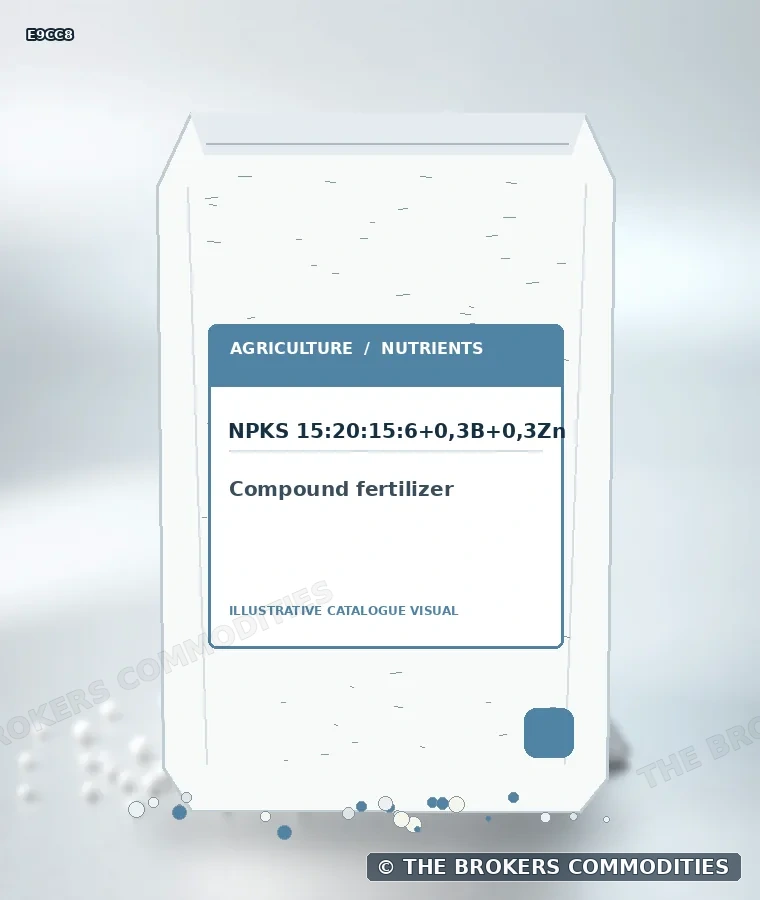 Compound fertilizer · NPKS 15:20:15:6+0,3B+0,3Zn — Illustration of the formulation for visual identification; it does not depict confirmed packaging, stock or a specific lot.