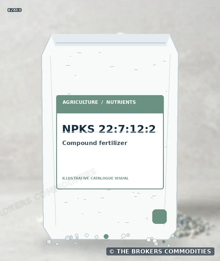 Fertilizante compuesto · NPKS 22:7:12:2 — Ilustración de la formulación para identificación visual; no representa envase, existencias ni un lote disponible.