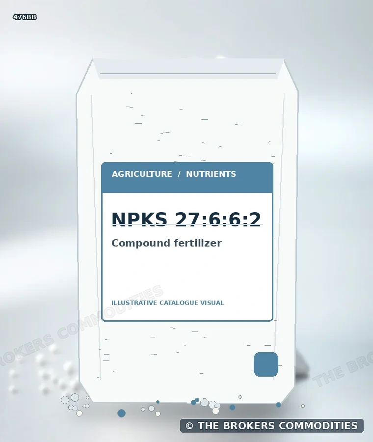 Fertilizante compuesto · NPKS 27:6:6:2 — Ilustración de la formulación para identificación visual; no representa envase, existencias ni un lote disponible.