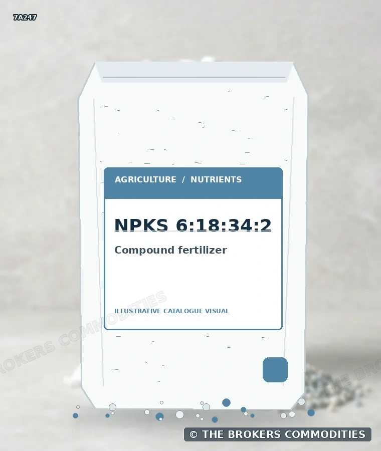 Fertilizante compuesto · NPKS 6:18:34:2 — Ilustración de la formulación para identificación visual; no representa envase, existencias ni un lote disponible.