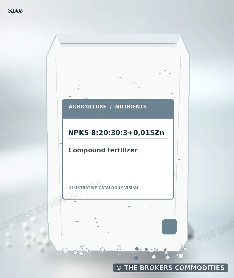 Fertilizante compuesto · NPKS 8:20:30:3+0,015Zn — Ilustración de la formulación para identificación visual; no representa envase, existencias ni un lote disponible.