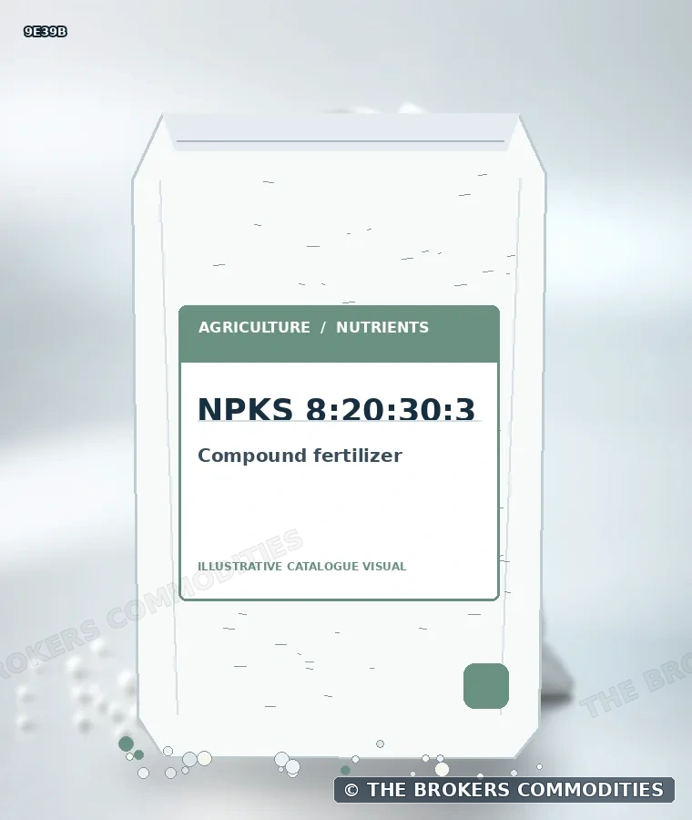 Compound fertilizer · NPKS 8:20:30:3 — Illustration of the formulation for visual identification; it does not depict confirmed packaging, stock or a specific lot.