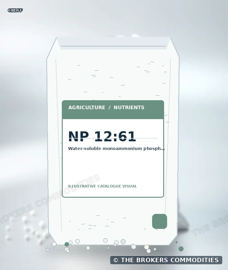 Fosfato monoamónico soluble — MAP · NP 12:61 — Ilustración de la formulación para identificación visual; no representa envase, existencias ni un lote disponible.