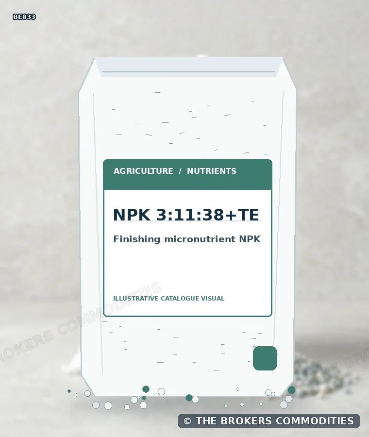 NPK microfinalizador · NPK 3:11:38+TE — Ilustración de la formulación para identificación visual; no representa envase, existencias ni un lote disponible.
