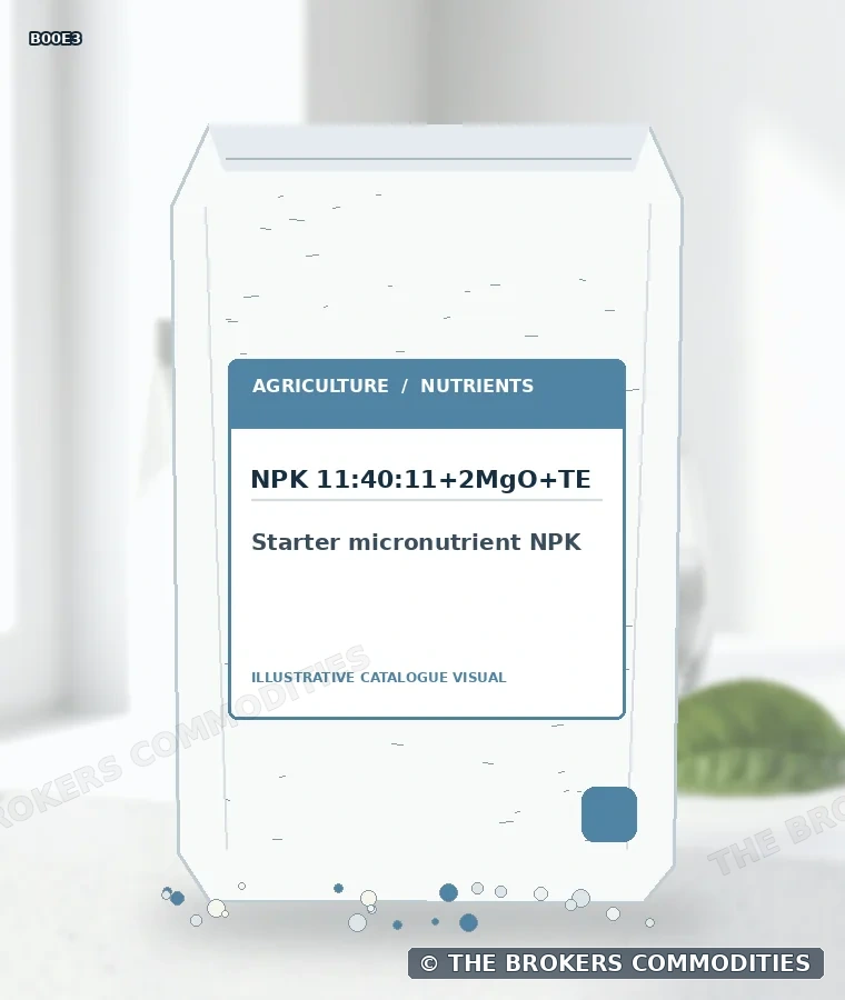 NPK microiniciador · NPK 11:40:11+2MgO+TE — Ilustración de la formulación para identificación visual; no representa envase, existencias ni un lote disponible.